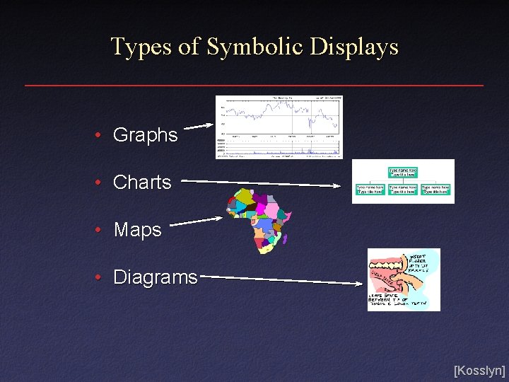 Types of Symbolic Displays • Graphs • Charts • Maps • Diagrams [Kosslyn] 
