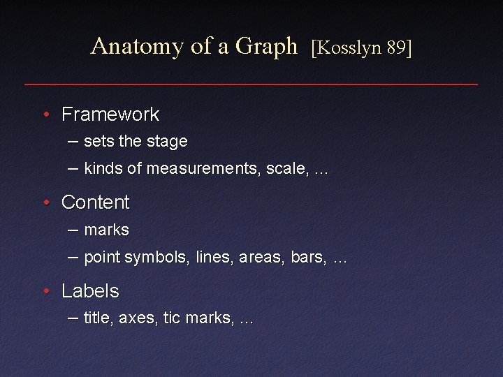 Anatomy of a Graph [Kosslyn 89] • Framework – sets the stage – kinds