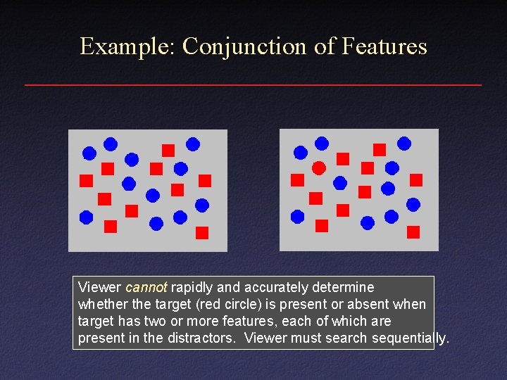 Example: Conjunction of Features Viewer cannot rapidly and accurately determine whether the target (red