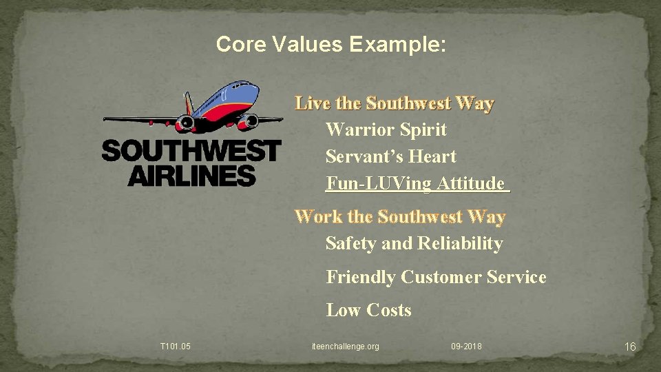 Core Values Example: Live the Southwest Way Warrior Spirit Servant’s Heart Fun-LUVing Attitude Work