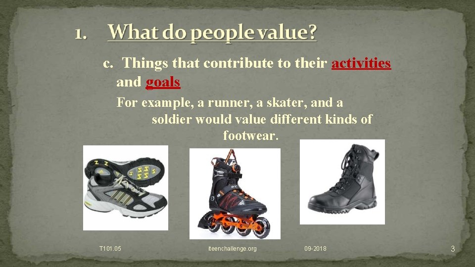 c. Things that contribute to their activities and goals For example, a runner, a