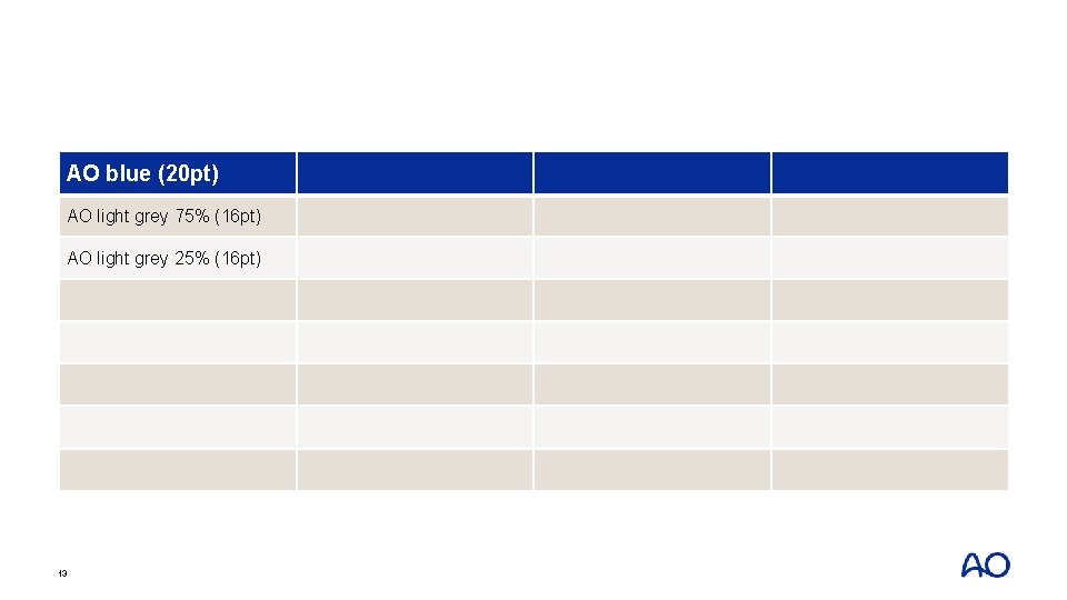 AO blue (20 pt) AO light grey 75% (16 pt) AO light grey 25%