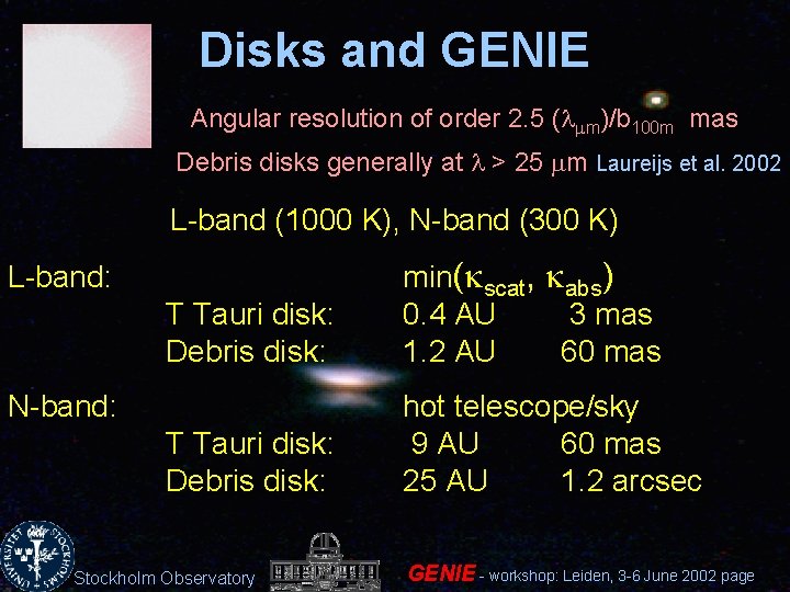 Disks and GENIE Angular resolution of order 2. 5 (lmm)/b 100 m mas Debris