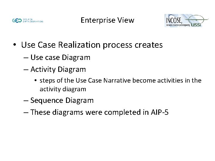 Enterprise View • Use Case Realization process creates – Use case Diagram – Activity