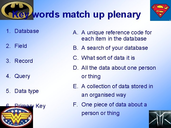 Key words match up plenary 1. Database A. A unique reference code for each