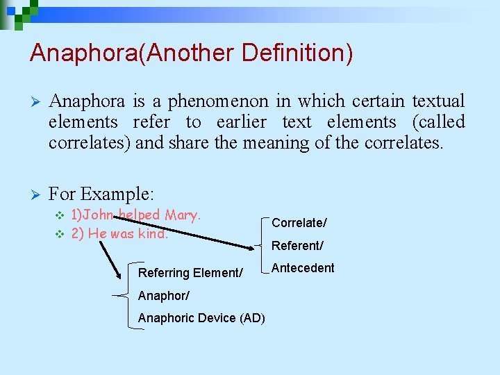 Anaphora(Another Definition) Ø Anaphora is a phenomenon in which certain textual elements refer to Anaphora(Another Definition) Ø Anaphora is a phenomenon in which certain textual elements refer to