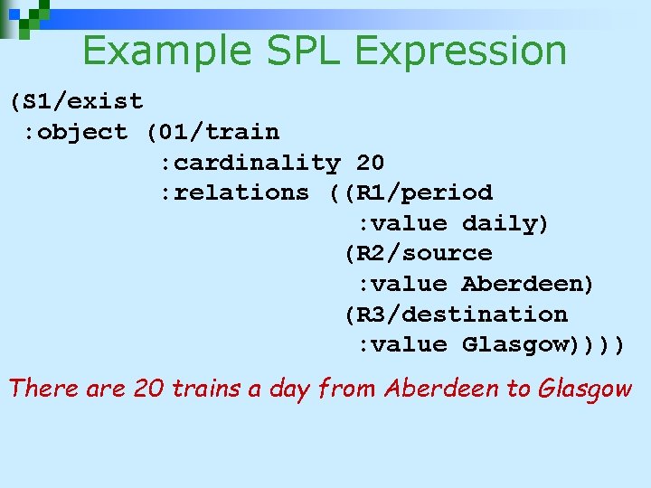 Example SPL Expression (S 1/exist : object (01/train : cardinality 20 : relations ((R Example SPL Expression (S 1/exist : object (01/train : cardinality 20 : relations ((R