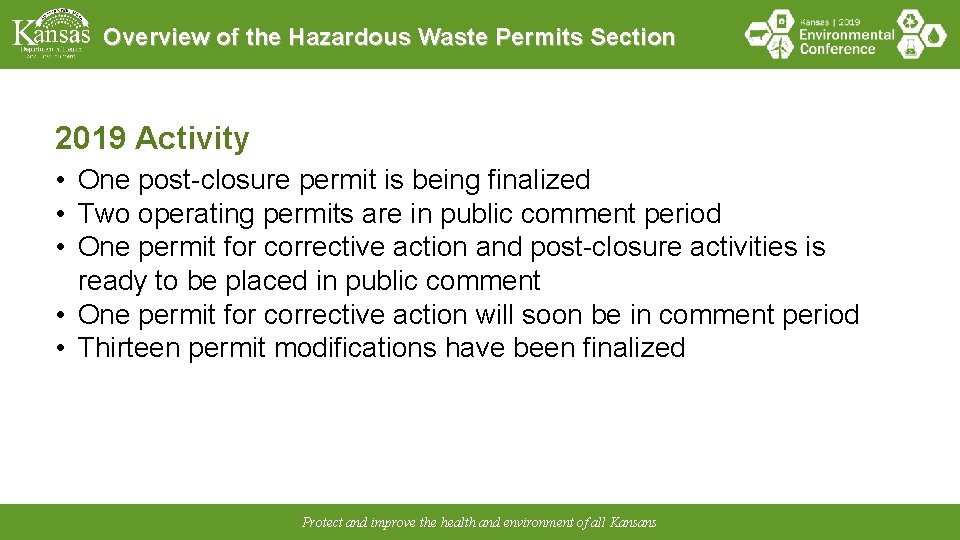 Overview of the Hazardous Waste Permits Section 2019 Activity • One post-closure permit is