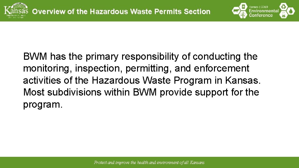 Overview of the Hazardous Waste Permits Section BWM has the primary responsibility of conducting