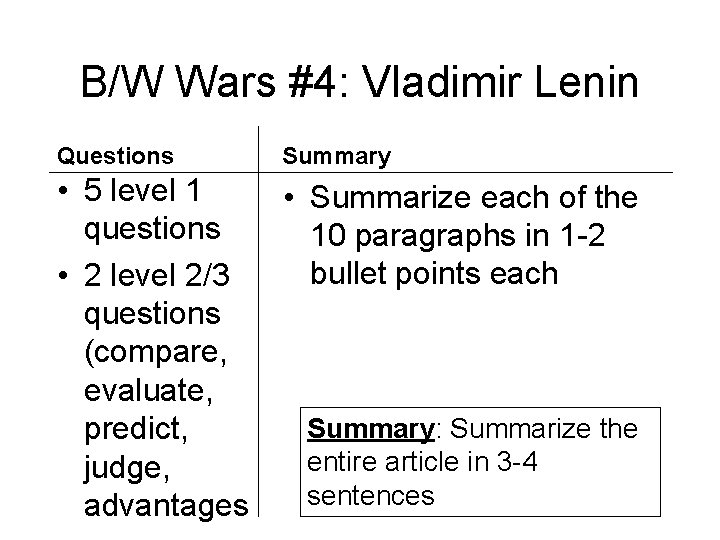 B/W Wars #4: Vladimir Lenin Questions Summary • 5 level 1 questions • 2