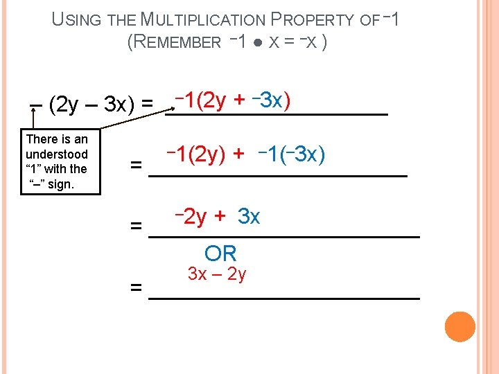 USING THE MULTIPLICATION PROPERTY OF – 1 (REMEMBER – 1 ● X = –X