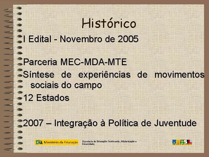Histórico I Edital - Novembro de 2005 Parceria MEC-MDA-MTE Síntese de experiências de movimentos