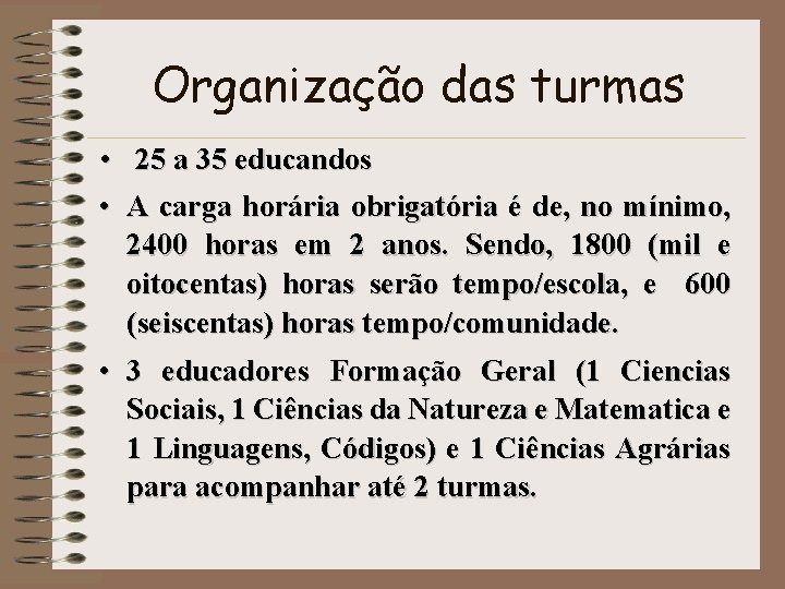 Organização das turmas • 25 a 35 educandos • A carga horária obrigatória é