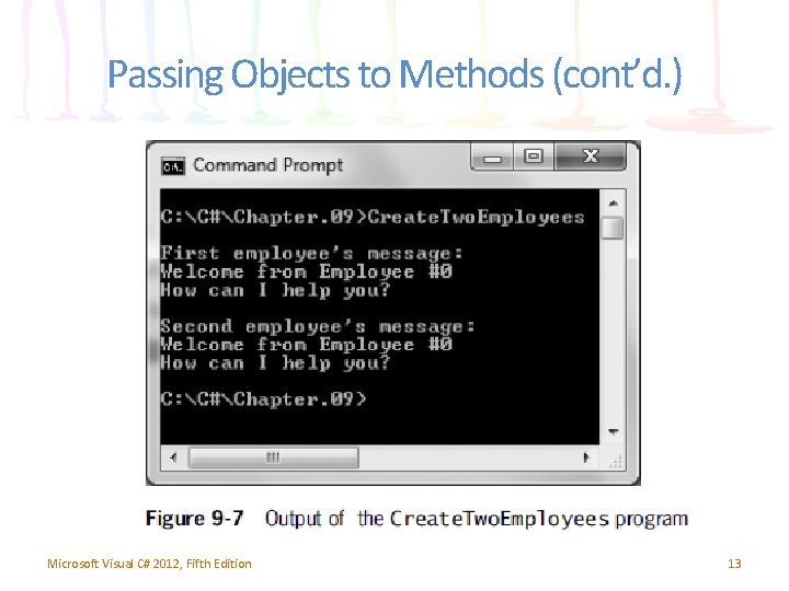 Passing Objects to Methods (cont’d. ) Microsoft Visual C# 2012, Fifth Edition 13 Passing Objects to Methods (cont’d. ) Microsoft Visual C# 2012, Fifth Edition 13