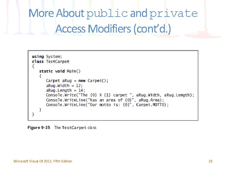 More About public and private Access Modifiers (cont’d. ) Microsoft Visual C# 2012, Fifth More About public and private Access Modifiers (cont’d. ) Microsoft Visual C# 2012, Fifth