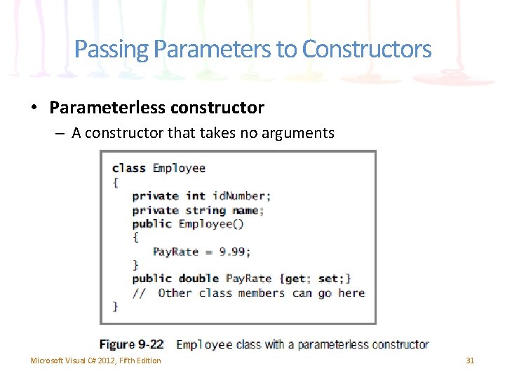 Passing Parameters to Constructors • Parameterless constructor – A constructor that takes no arguments Passing Parameters to Constructors • Parameterless constructor – A constructor that takes no arguments