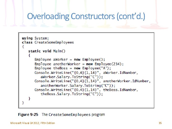 Overloading Constructors (cont’d. ) Microsoft Visual C# 2012, Fifth Edition 35 Overloading Constructors (cont’d. ) Microsoft Visual C# 2012, Fifth Edition 35