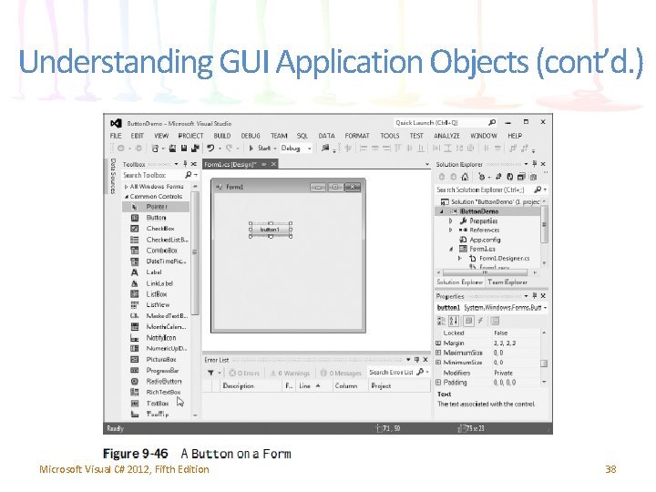 Understanding GUI Application Objects (cont’d. ) Microsoft Visual C# 2012, Fifth Edition 38 Understanding GUI Application Objects (cont’d. ) Microsoft Visual C# 2012, Fifth Edition 38