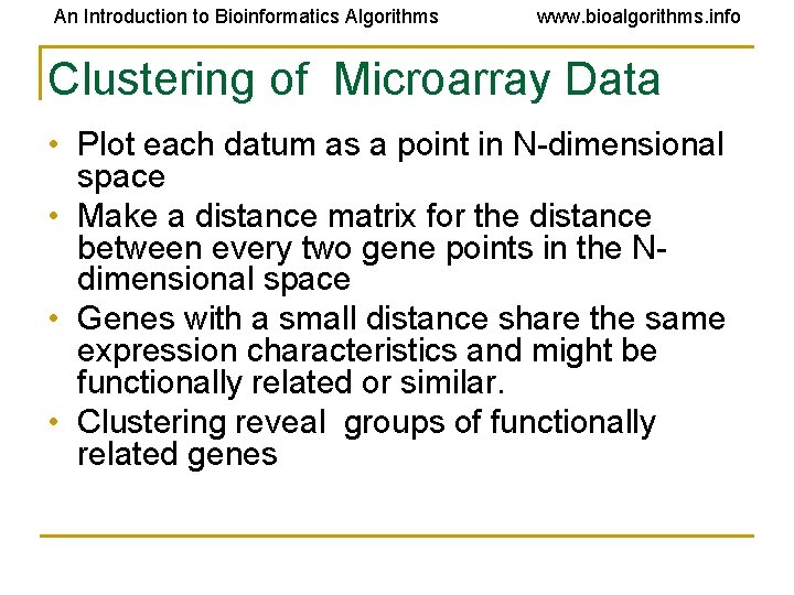 An Introduction to Bioinformatics Algorithms www. bioalgorithms. info Clustering of Microarray Data • Plot An Introduction to Bioinformatics Algorithms www. bioalgorithms. info Clustering of Microarray Data • Plot