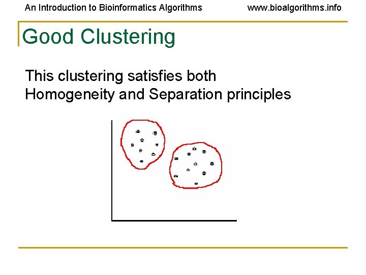 An Introduction to Bioinformatics Algorithms www. bioalgorithms. info Good Clustering This clustering satisfies both An Introduction to Bioinformatics Algorithms www. bioalgorithms. info Good Clustering This clustering satisfies both