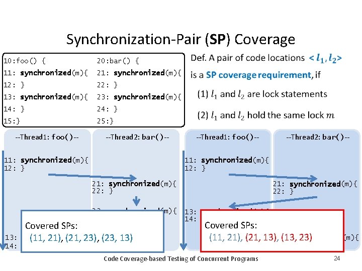 10: foo() { Synchronization-Pair (SP) Coverage • 20: bar() { 11: synchronized(m){ 21: synchronized(m){