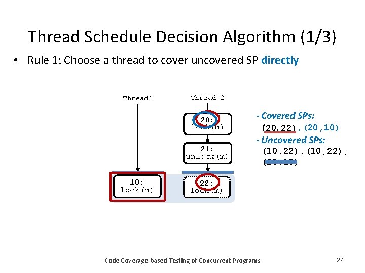 Thread Schedule Decision Algorithm (1/3) • Rule 1: Choose a thread to cover uncovered