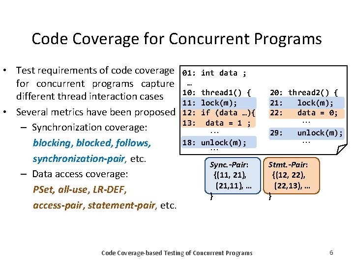Code Coverage for Concurrent Programs • Test requirements of code coverage for concurrent programs