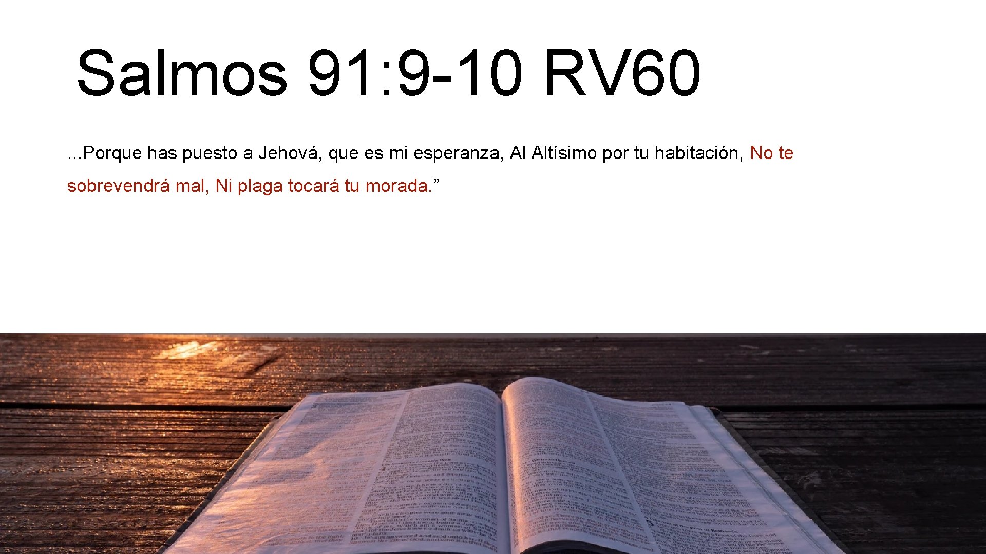 Salmos 91: 9 -10 RV 60. . . Porque has puesto a Jehová, que