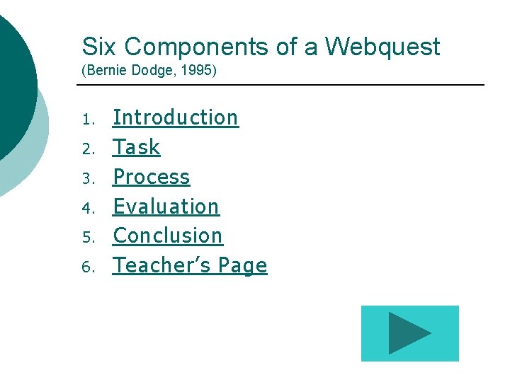 Six Components of a Webquest (Bernie Dodge, 1995) 1. 2. 3. 4. 5. 6.