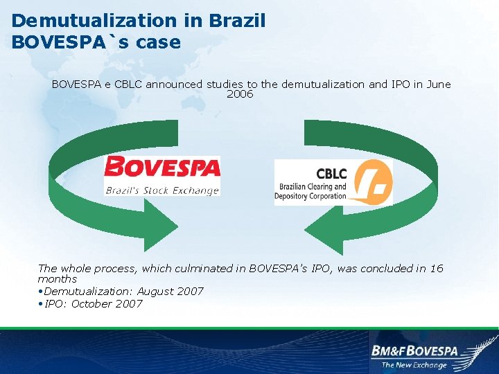 Demutualization in Brazil BOVESPA`s case BOVESPA e CBLC announced studies to the demutualization and