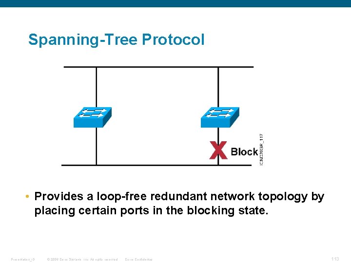 Spanning-Tree Protocol • Provides a loop-free redundant network topology by placing certain ports in