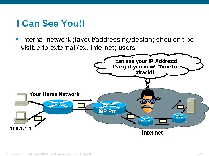 I Can See You!! § Internal network (layout/addressing/design) shouldn’t be visible to external (ex.