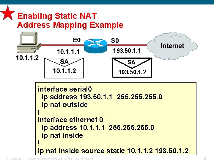 Enabling Static NAT Address Mapping Example 193. 50. 1. 1 SA 193. 50. 1.
