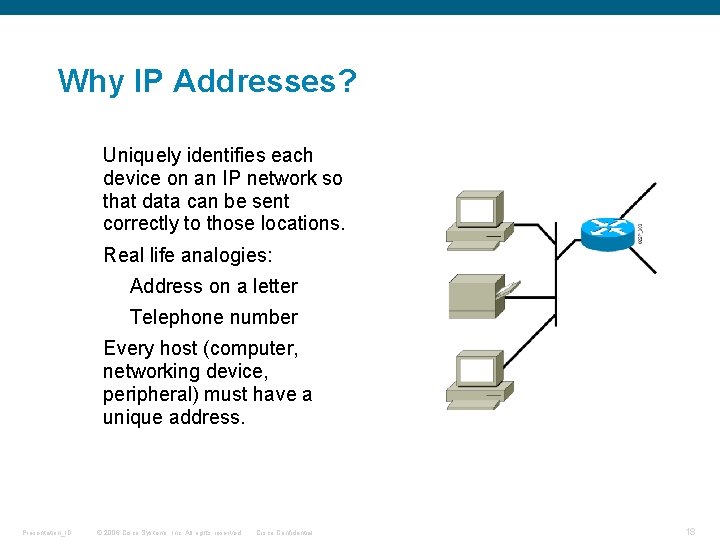 Why IP Addresses? Uniquely identifies each device on an IP network so that data