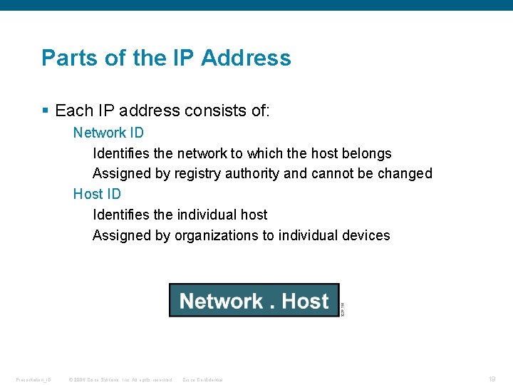 Parts of the IP Address § Each IP address consists of: Network ID Identifies
