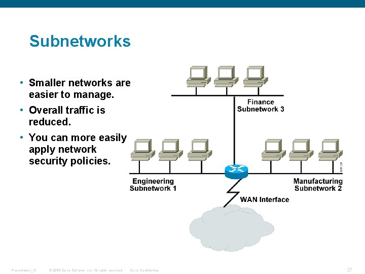 Subnetworks • Smaller networks are easier to manage. • Overall traffic is reduced. •