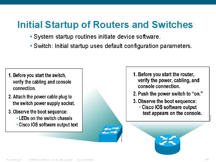 Initial Startup of Routers and Switches • System startup routines initiate device software. •