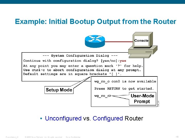 Example: Initial Bootup Output from the Router • Unconfigured vs. Configured Router Presentation_ID ©