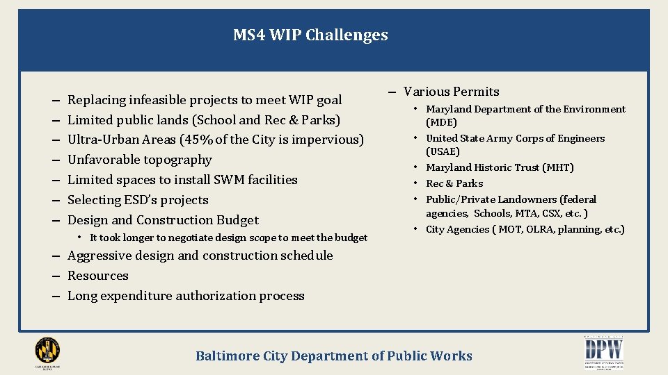 MS 4 WIP Challenges – – – – Replacing infeasible projects to meet WIP