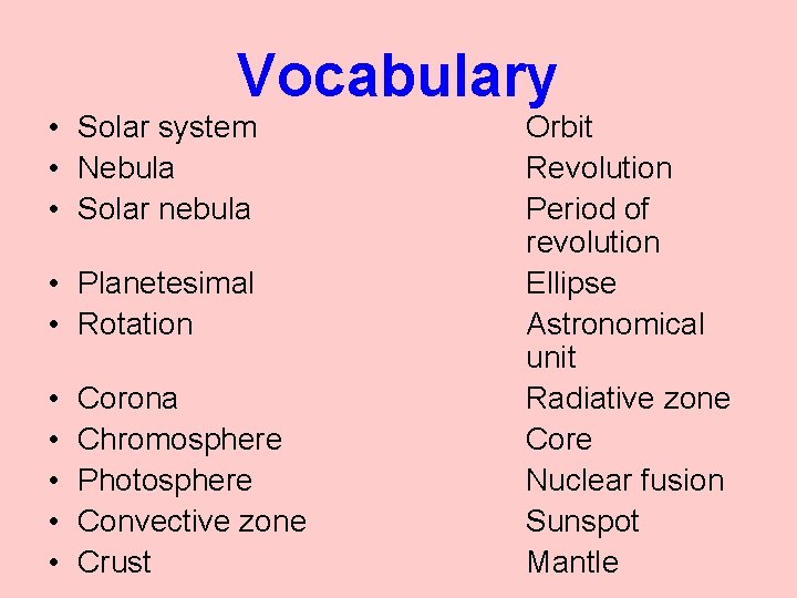 Vocabulary • Solar system • Nebula • Solar nebula • Planetesimal • Rotation •