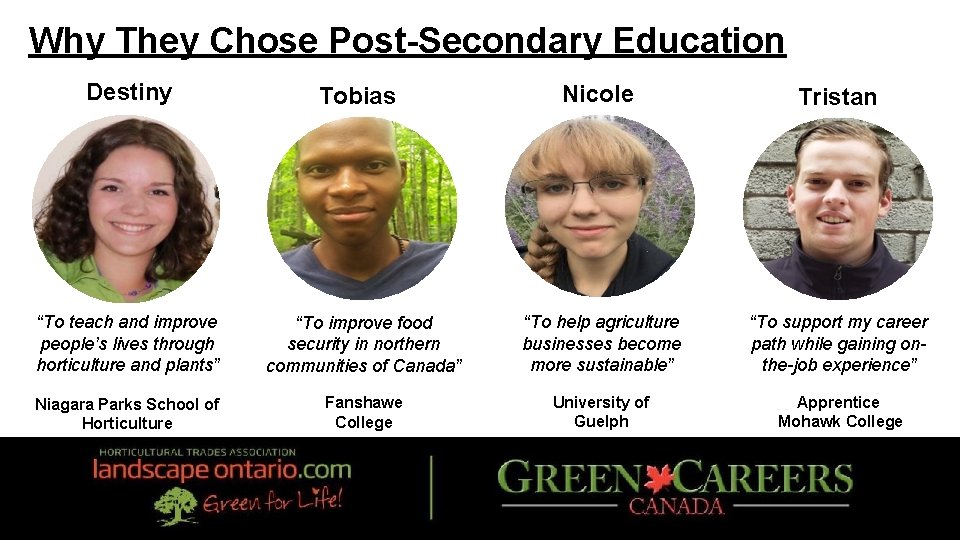 Why They Chose Post-Secondary Education Destiny Tobias Nicole Tristan “To teach and improve people’s