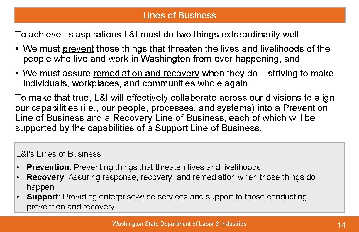 Lines of Business To achieve its aspirations L&I must do two things extraordinarily well: