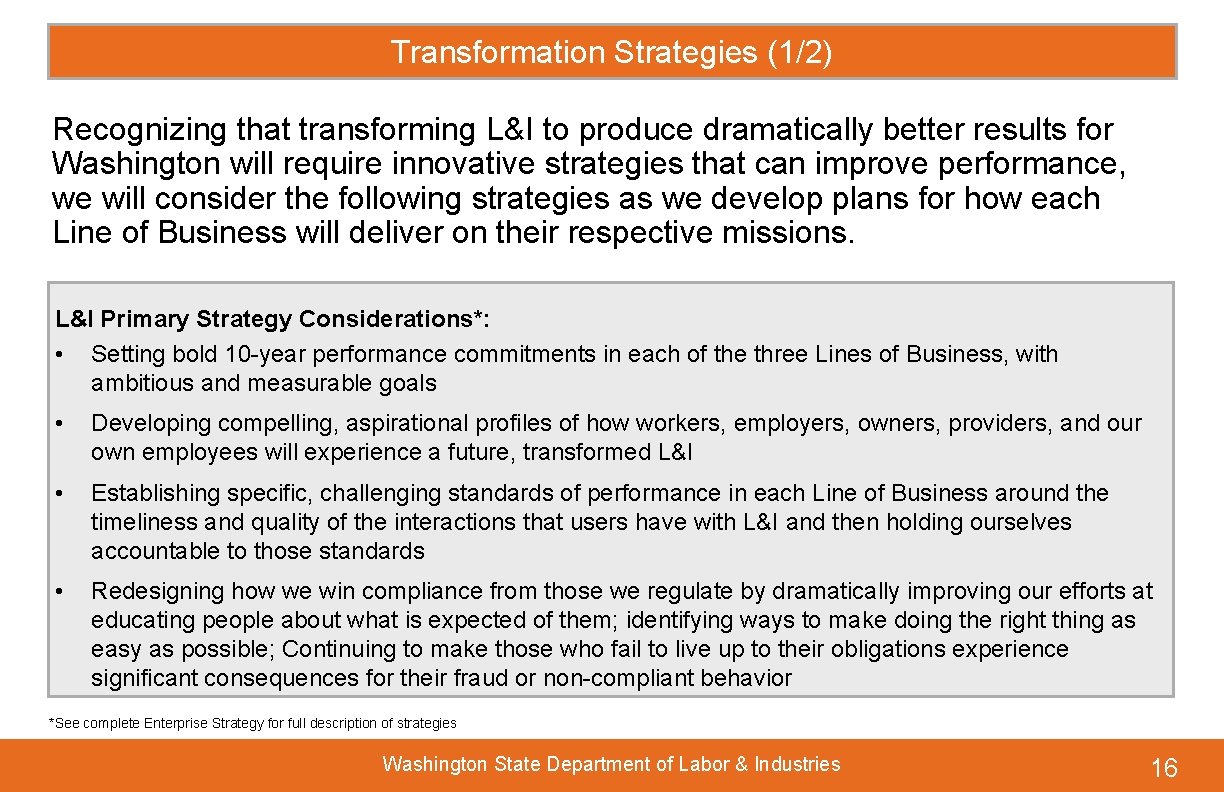 Transformation Strategies (1/2) Recognizing that transforming L&I to produce dramatically better results for Washington