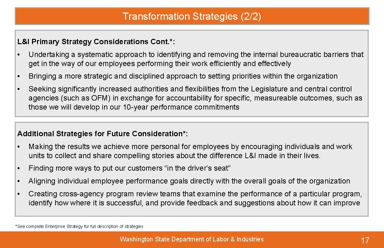 Transformation Strategies (2/2) L&I Primary Strategy Considerations Cont. *: • Undertaking a systematic approach