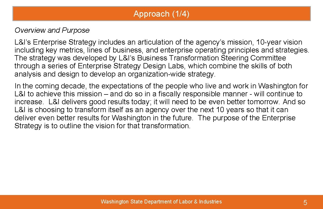 Approach (1/4) Overview and Purpose L&I’s Enterprise Strategy includes an articulation of the agency’s