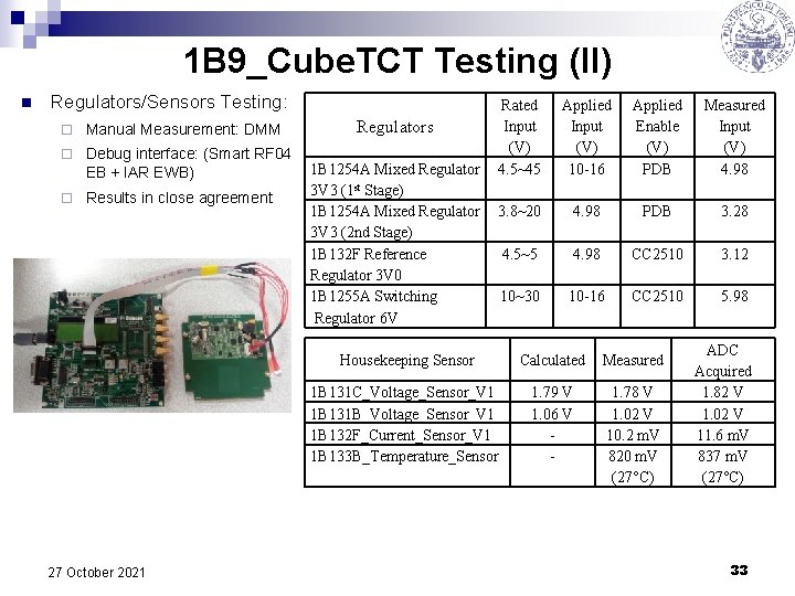 1 B 9_Cube. TCT Testing (II) n Regulators/Sensors Testing: ¨ Manual Measurement: DMM ¨