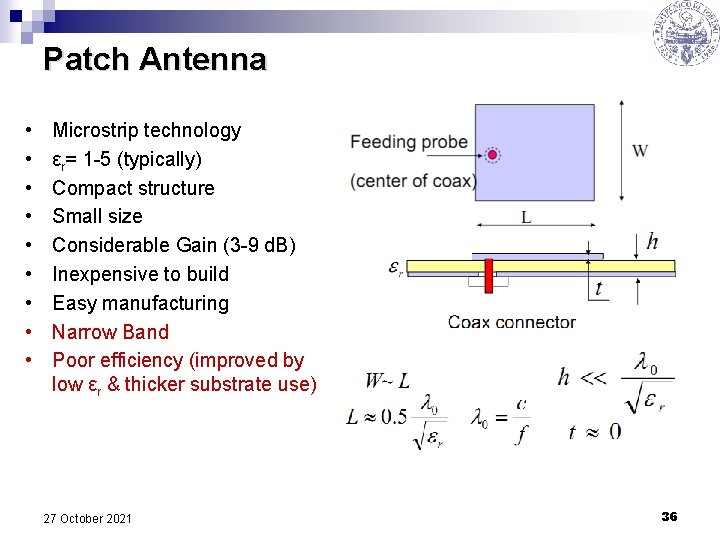 Patch Antenna • • • Microstrip technology εr= 1 -5 (typically) Compact structure Small