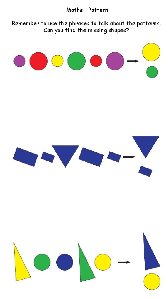 Maths – Pattern Remember to use the phrases to talk about the patterns. Can