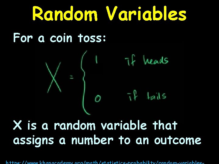 Random Variables For a coin toss: X is a random variable that assigns a