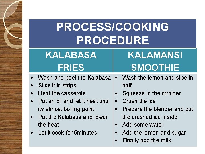 PROCESS/COOKING PROCEDURE KALABASA FRIES KALAMANSI SMOOTHIE Wash and peel the Kalabasa Slice it in
